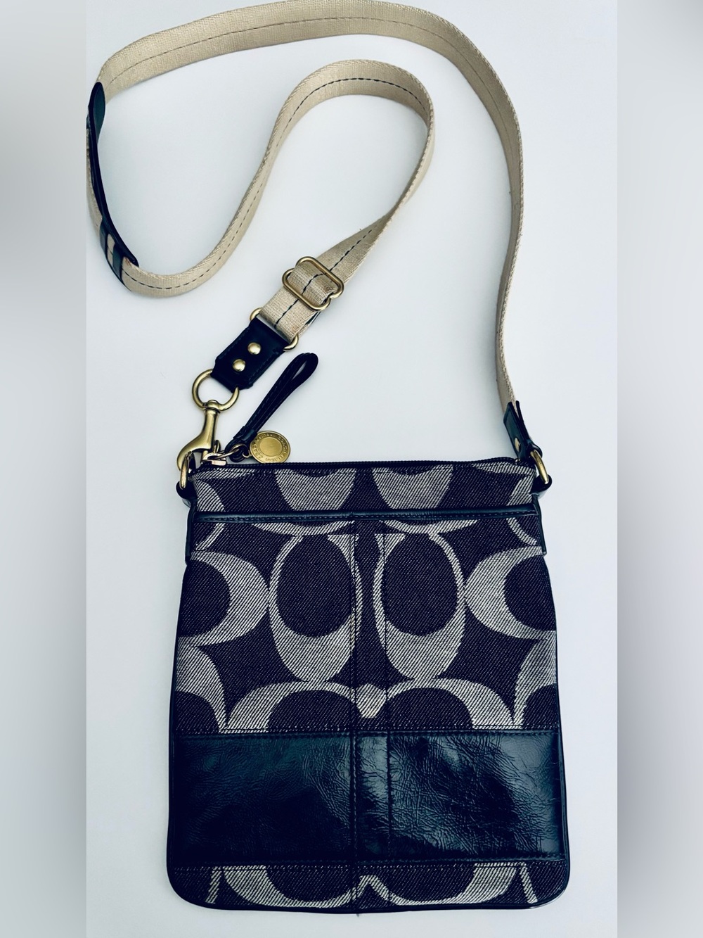 Vintage 2008 Coach Navy Blue Denim Monogram Swingpack Crossbody Bag Y2K 41722